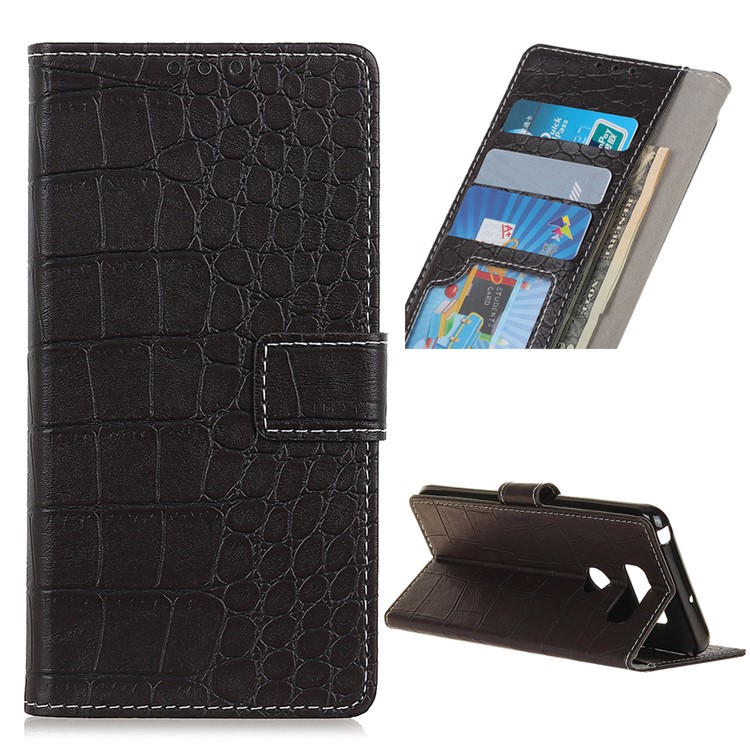 Crocodile Texture Vintage Leather Wallet Stand Cover for LG V50 ThinQ 5G - Black-1