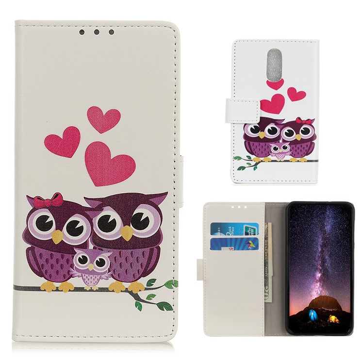 Pattern Printing Leather Cover with Wallet Stand for LG K40/K12+/K12 Plus - Sweet Owl Family-1