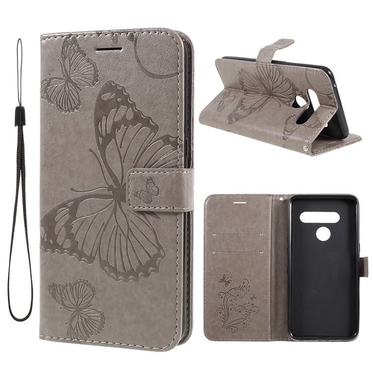 Imprint Butterfly Leather Wallet Case for LG V50 ThinQ 5G - Grey-1