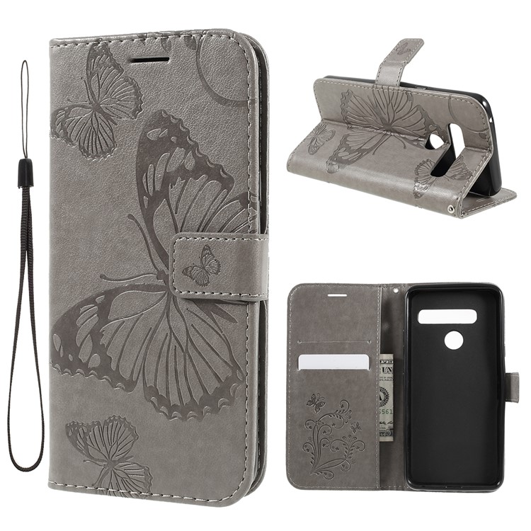 Imprinted Butterfly Wallet Magnetic Stand Leather Case for LG G8s ThinQ / G8 ThinQ - Grey-1