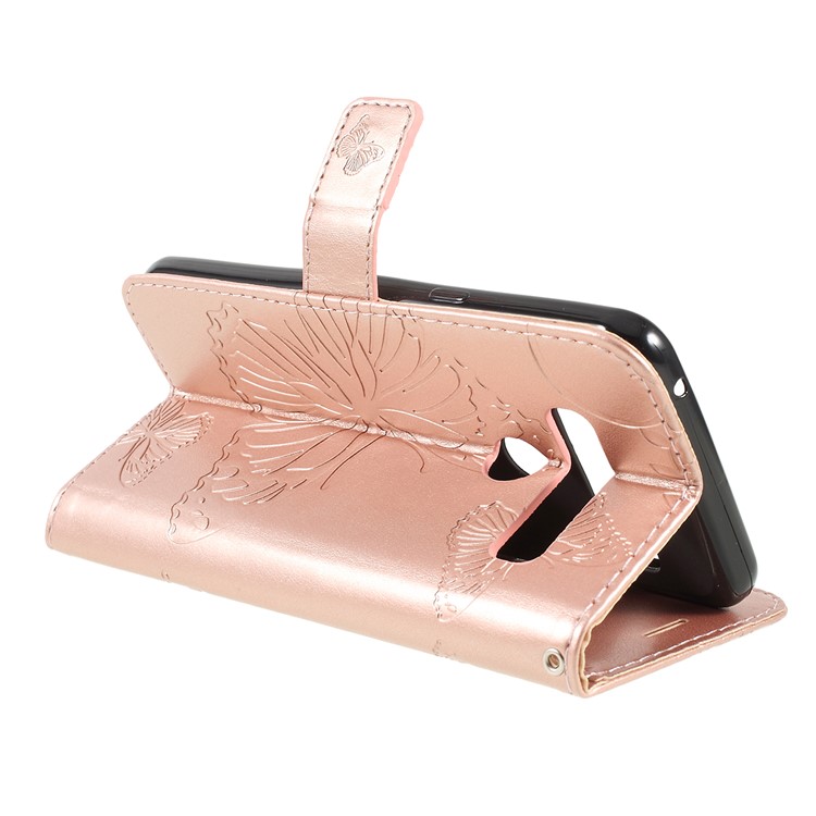 Imprinted Butterfly Wallet Magnetic Stand Leather Case for LG G8 ThinQ - Rose Gold-3