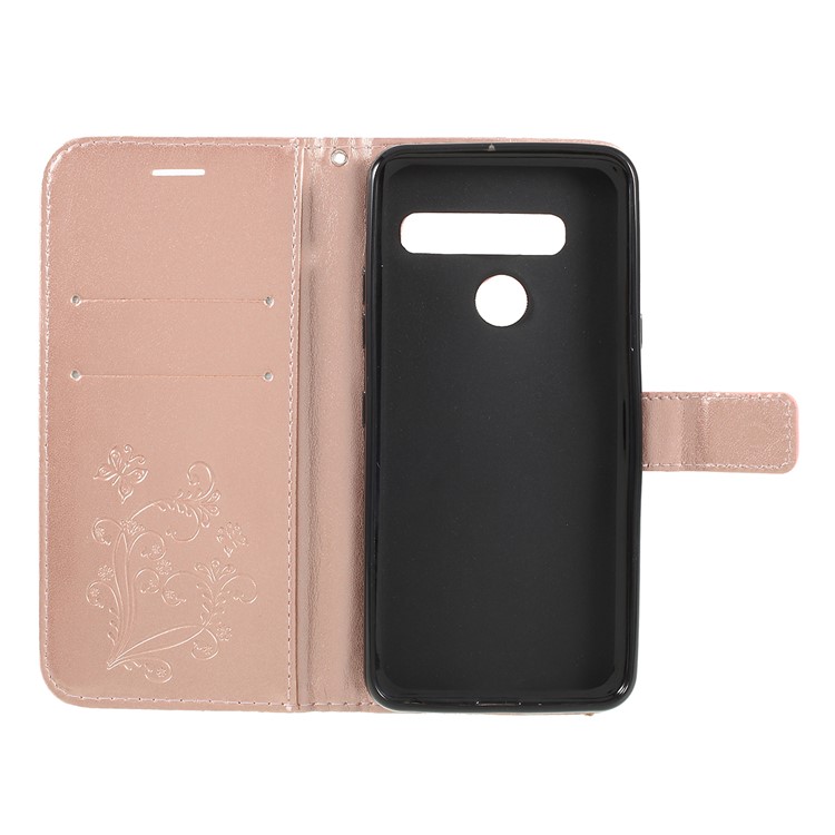 Imprinted Butterfly Wallet Magnetic Stand Leather Case for LG G8 ThinQ - Rose Gold-4