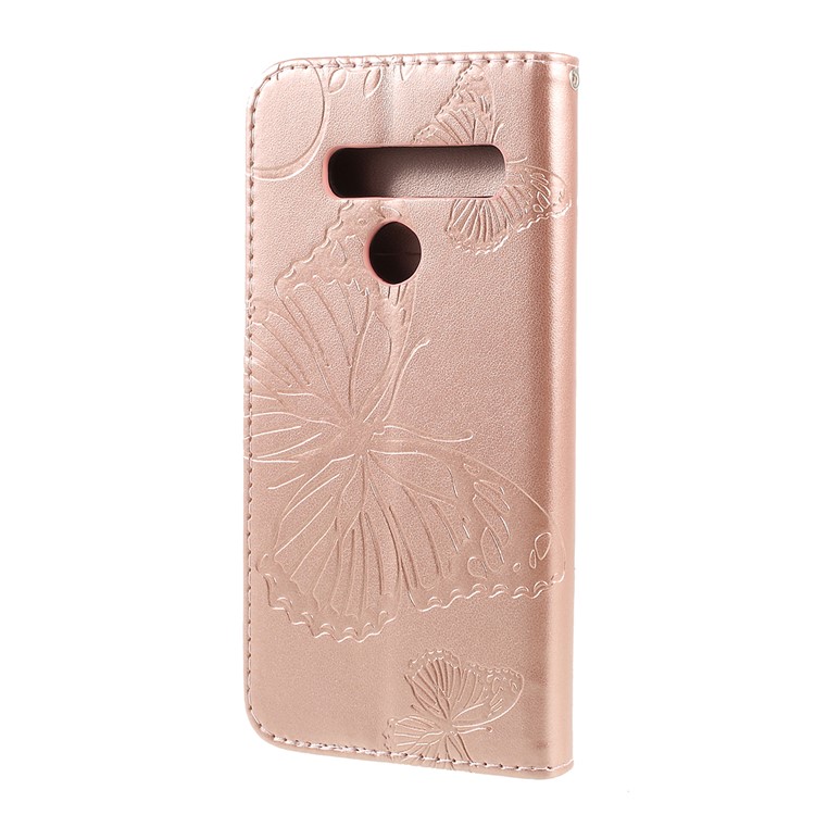 Imprinted Butterfly Wallet Magnetic Stand Leather Case for LG G8 ThinQ - Rose Gold-7