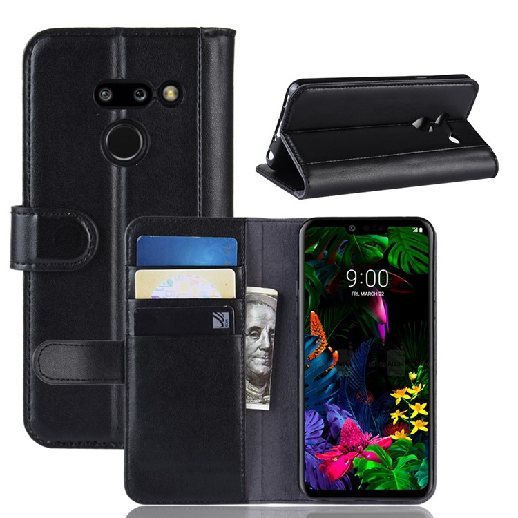 Genuine Split Leather Wallet Stand Cover Case for LG G8 ThinQ - Black-1