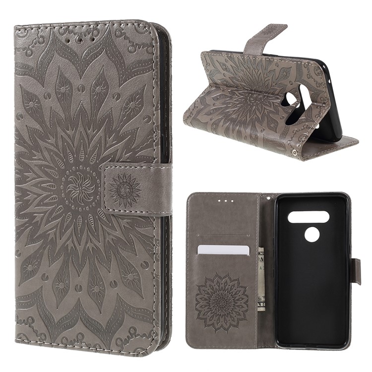 Imprint Sunflower Leather Wallet Stand Mobile Cover for LG V50 ThinQ 5G - Grey-1