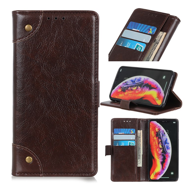 Nappa Texture Wallet Stand Leather Phone Cover for LG Q60 - Coffee-1