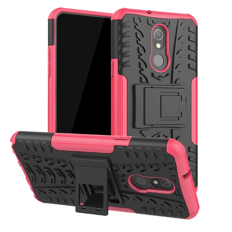 For LG Stylo 5 Cool Tyre PC + TPU Hybrid Protective Back Case with Kickstand - Black / Pink-1