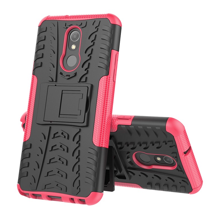 For LG Stylo 5 Cool Tyre PC + TPU Hybrid Protective Back Case with Kickstand - Black / Pink-2