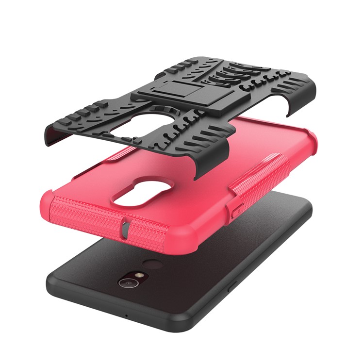 For LG Stylo 5 Cool Tyre PC + TPU Hybrid Protective Back Case with Kickstand - Black / Pink-6