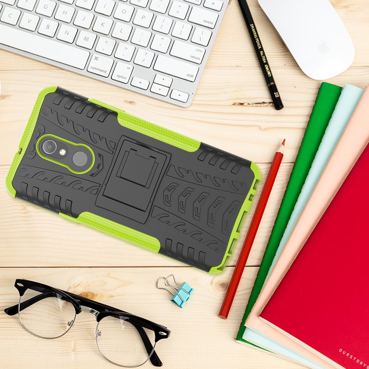 For LG Stylo 5 Cool Tyre PC + TPU Hybrid Protective Back Case with Kickstand - Black / Green-10