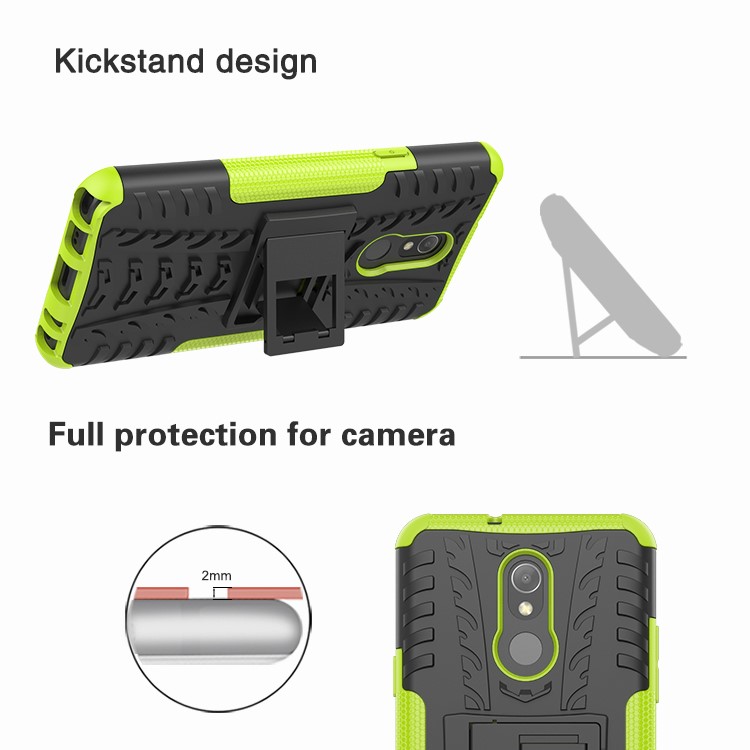 For LG Stylo 5 Cool Tyre PC + TPU Hybrid Protective Back Case with Kickstand - Black / Green-9
