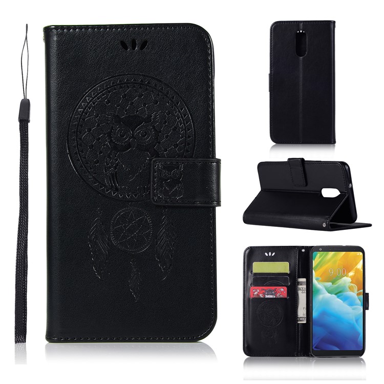 Imprint Dream Catcher Owl Leather Wallet Stand Cover for LG Stylo 5 - Black-1