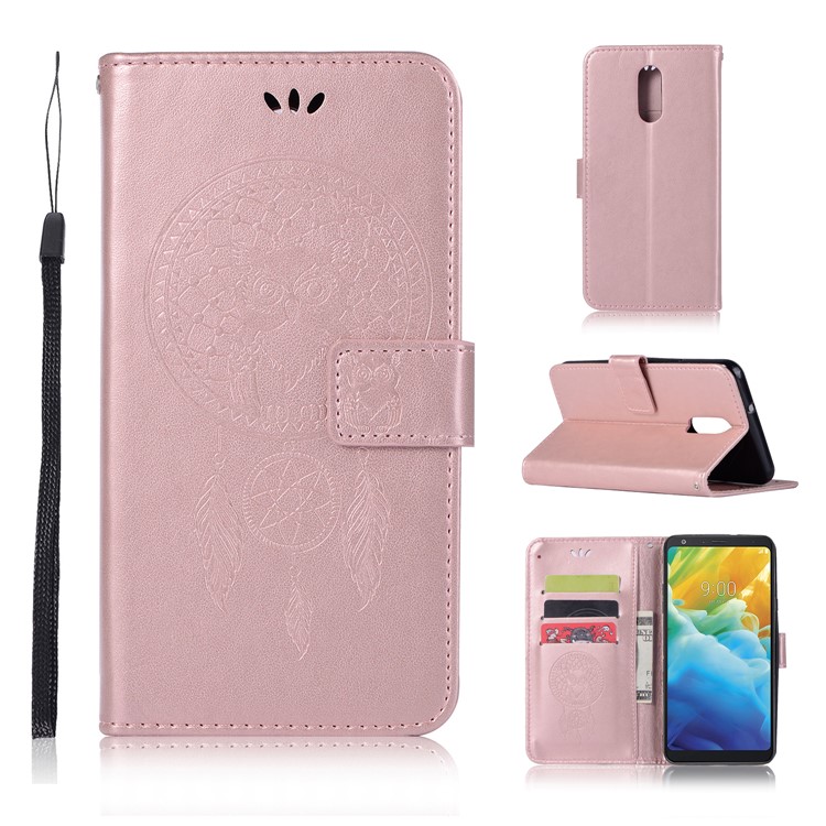 Imprint Dream Catcher Owl Leather Wallet Stand Cover for LG Stylo 5 - Rose Gold-1