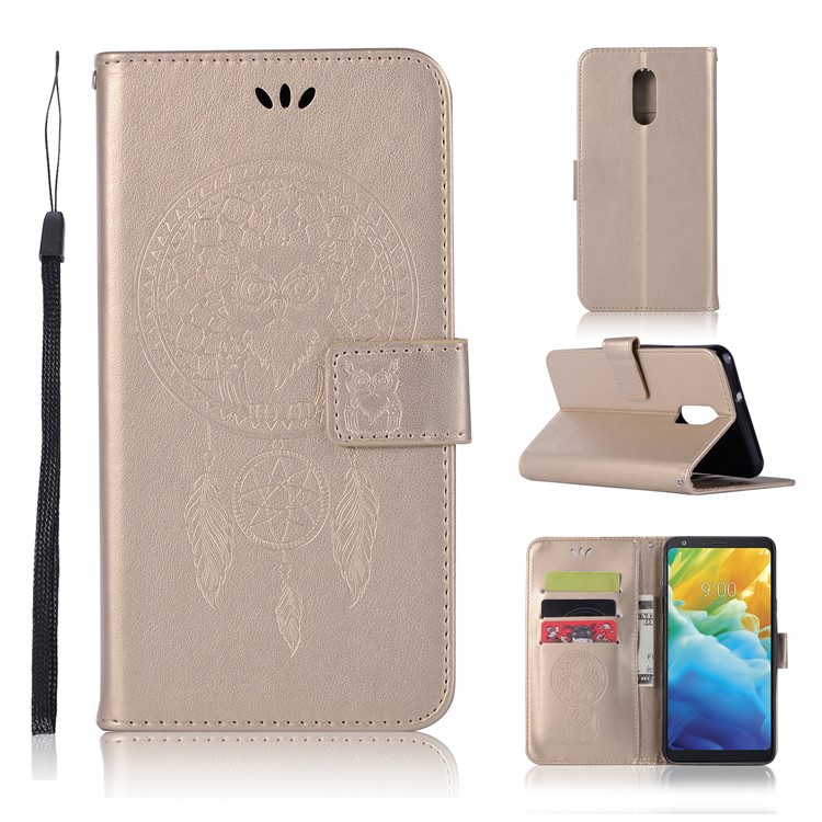 Imprint Dream Catcher Owl Leather Wallet Stand Cover for LG Stylo 5 - Gold-1