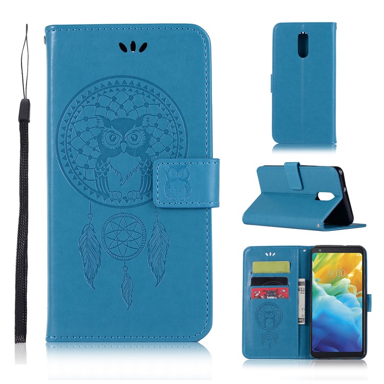 Imprint Dream Catcher Owl Leather Wallet Stand Cover for LG Stylo 5 - Blue-1