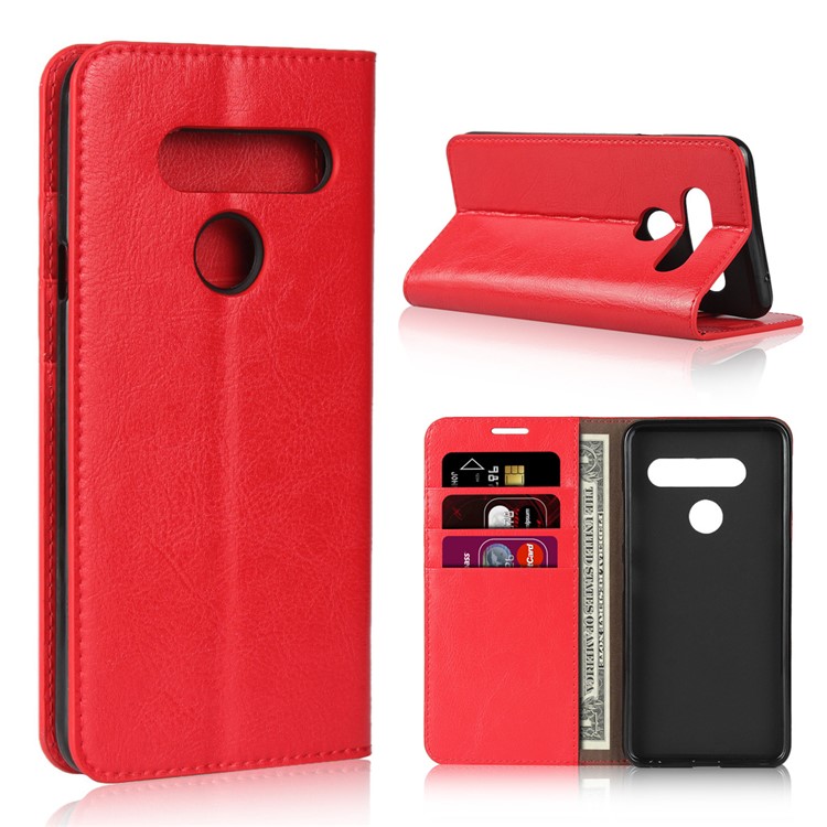 Crazy Horse Genuine Leather Wallet Stand Case for LG V40 ThinQ - Red-1