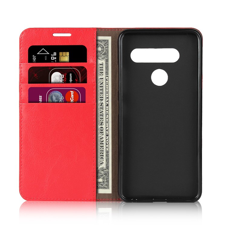 Crazy Horse Genuine Leather Wallet Stand Case for LG V40 ThinQ - Red-4