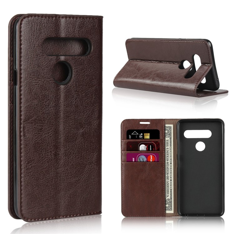 Crazy Horse Genuine Leather Wallet Stand Case for LG V40 ThinQ - Coffee-1