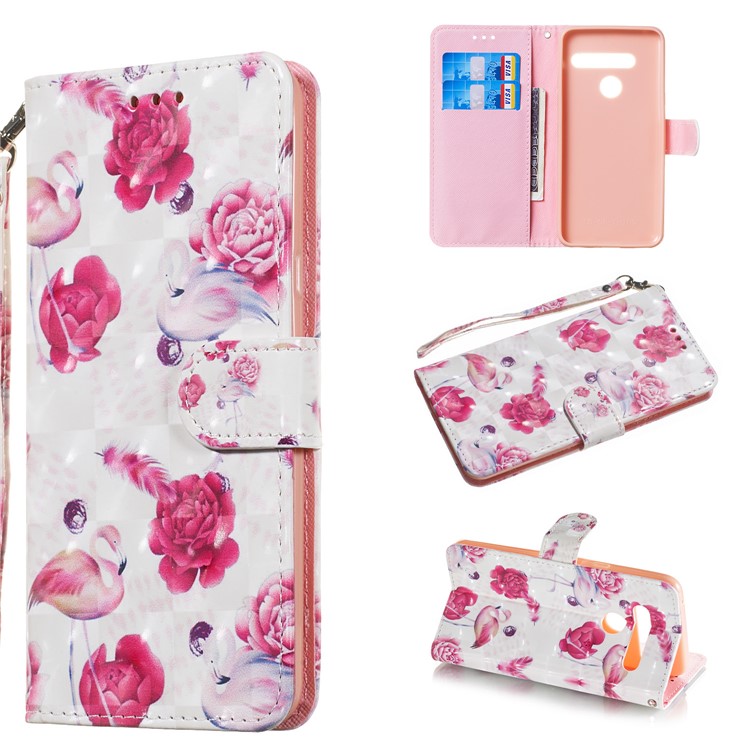 Light Spot Decor Patterned Leather Wallet Case for LG G8 ThinQ - Flower and Flamingo-1
