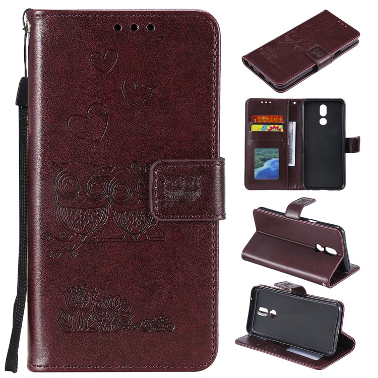Imprinted Flower Owl Leather Phone Case for LG K40 / K12 Plus - Brown-1