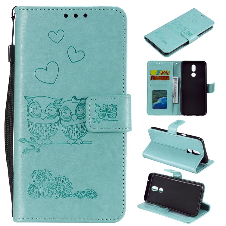 Imprinted Flower Owl Leather Phone Case for LG K40 / K12 Plus - Green-1