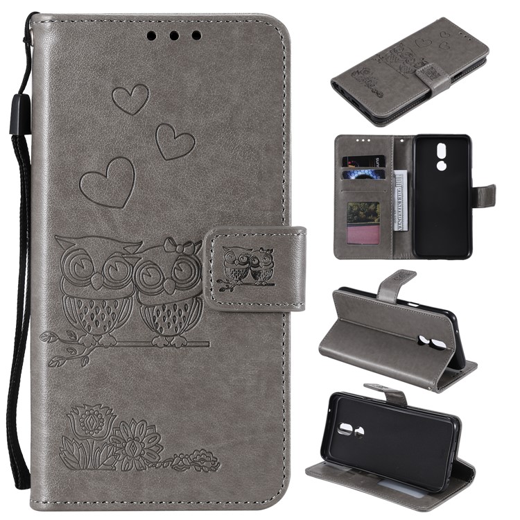 Imprinted Flower Owl Leather Phone Case for LG K40 / K12 Plus - Grey-1