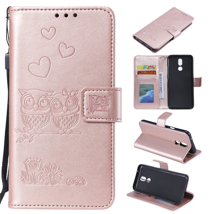 Imprinted Flower Owl Leather Phone Case for LG K40 / K12 Plus - Rose Gold-1