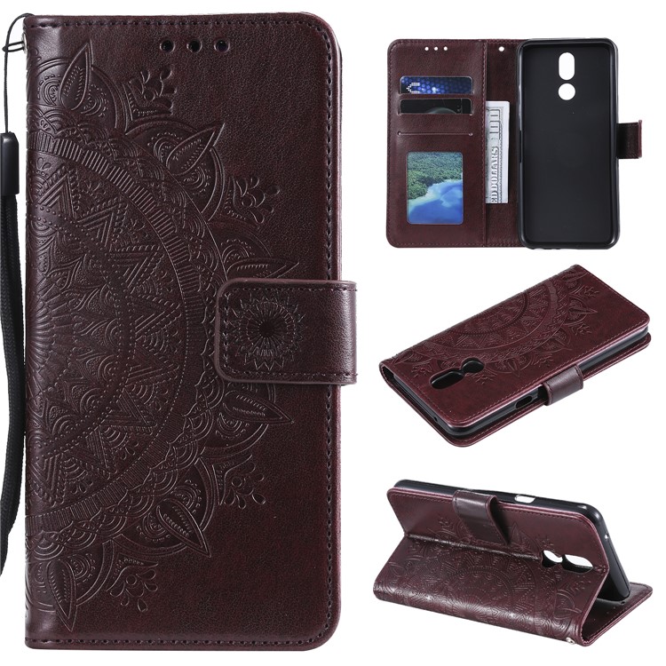 Imprint Flower Leather Wallet Case for LG K40 / K12+ / K12 Plus - Brown-1