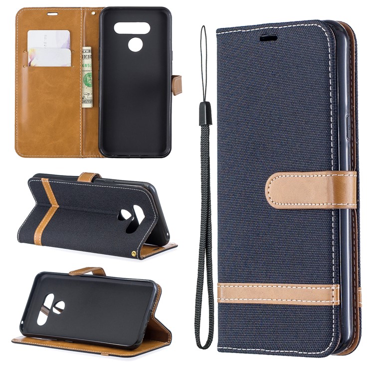 Two-tone Jean Cloth PU Leather Flip Phone Case for LG K50 / Q60 - Black-1