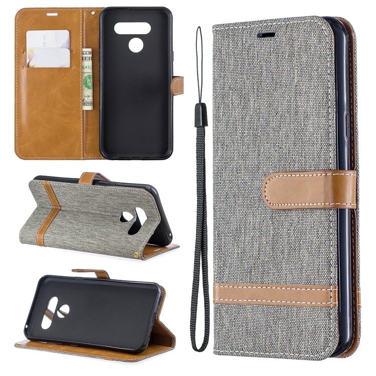 Two-tone Jean Cloth PU Leather Flip Phone Case for LG K50 / Q60 - Grey-1