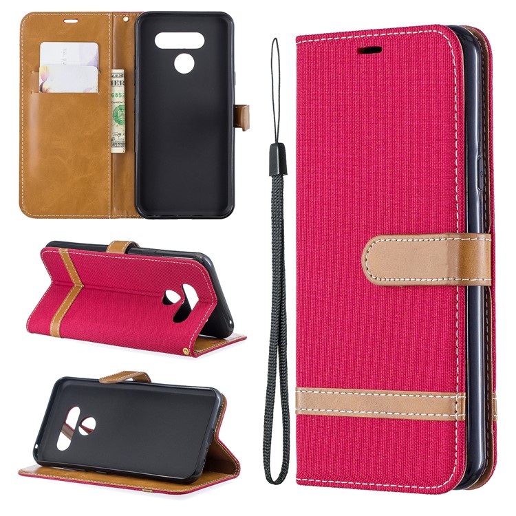 Two-tone Jean Cloth PU Leather Flip Phone Case for LG K50 / Q60 - Red-1