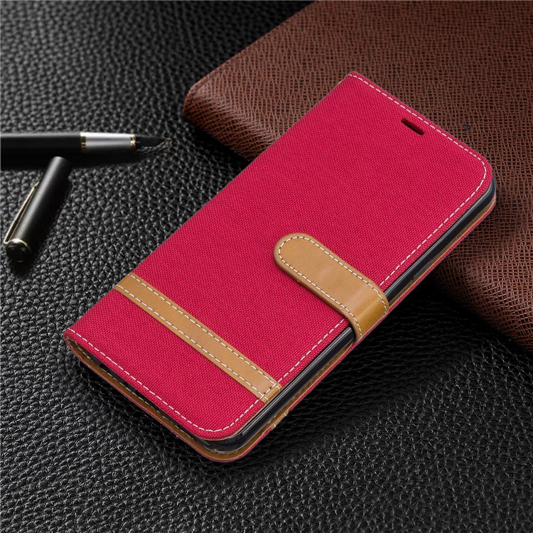 Two-tone Jean Cloth PU Leather Flip Phone Case for LG K50 / Q60 - Red-7