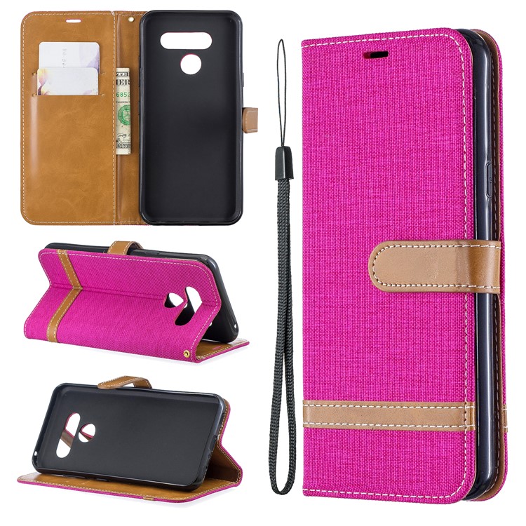 Two-tone Jean Cloth PU Leather Flip Phone Case for LG K50 / Q60 - Rose-1