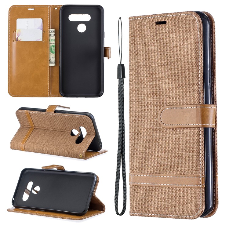 Two-tone Jean Cloth PU Leather Flip Phone Case for LG K50 / Q60 - Brown-1