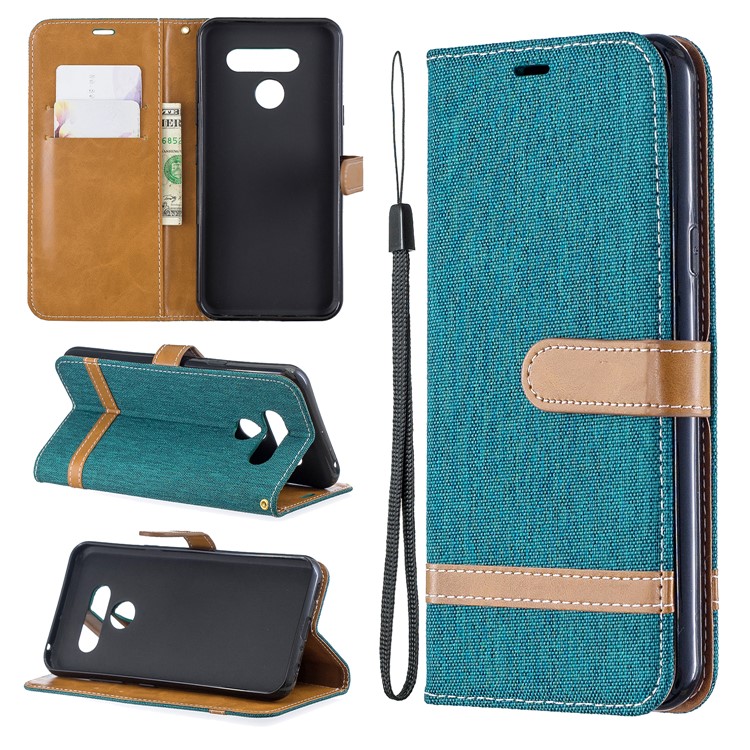 Two-tone Jean Cloth PU Leather Flip Phone Case for LG K50 / Q60 - Green-1