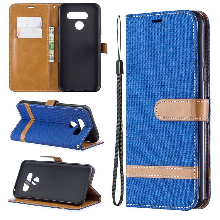 Two-tone Jean Cloth PU Leather Flip Phone Case for LG K50 / Q60 - Baby Blue-1