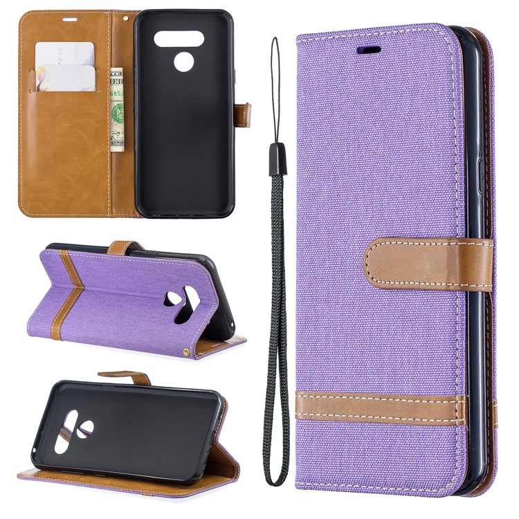 Two-tone Jean Cloth PU Leather Flip Phone Case for LG K50 / Q60 - Purple-1