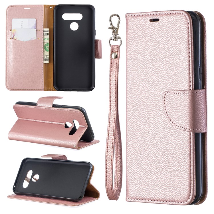 Litchi Texture PU Leather Phone Cover Case for LG K50 / Q60 - Rose Gold-1