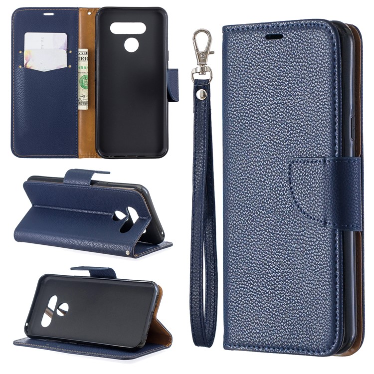 Litchi Texture PU Leather Phone Cover Case for LG K50 / Q60 - Dark Blue-1