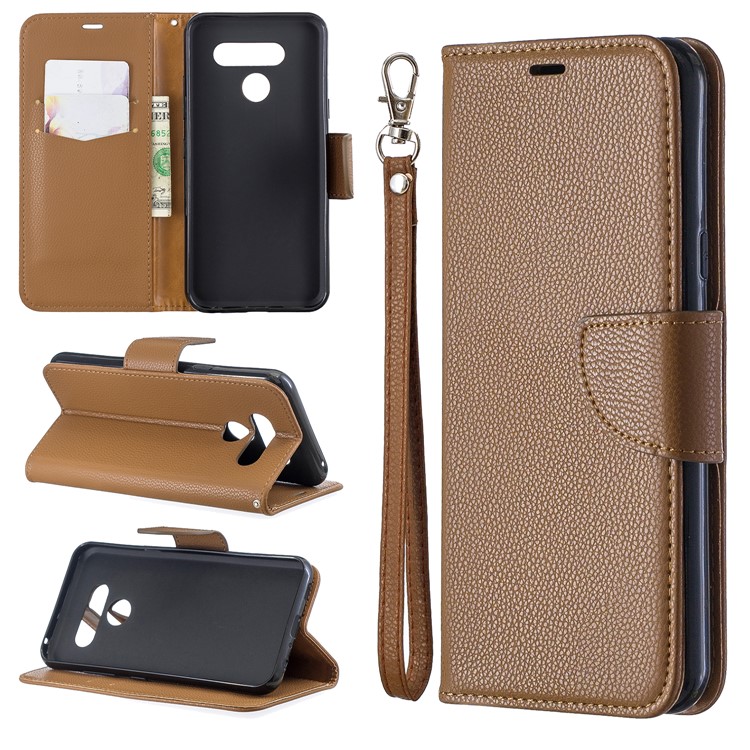 Litchi Texture PU Leather Phone Cover Case for LG K50 / Q60 - Brown-1