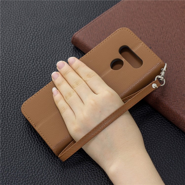 Litchi Texture PU Leather Phone Cover Case for LG K50 / Q60 - Brown-9