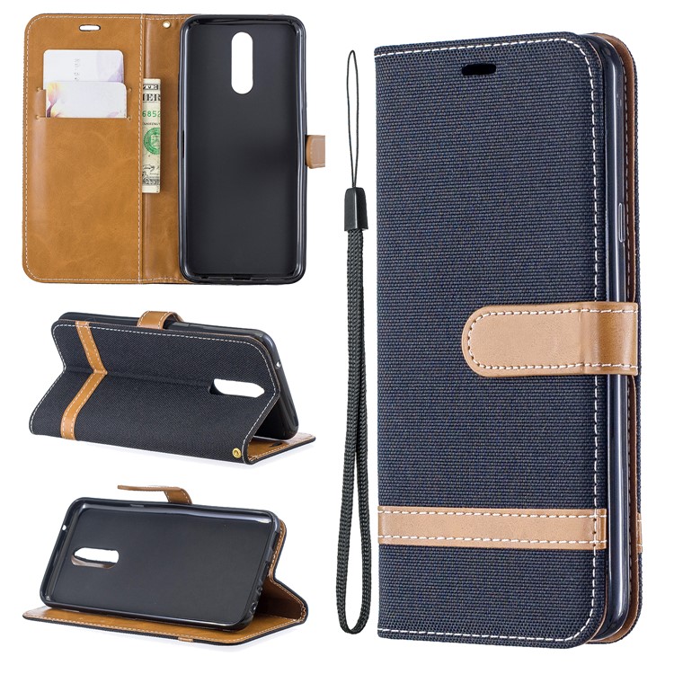 Jeans Cloth Wallet Stand Leather Shell for LG K40/K12+/K12 Plus - Black-1
