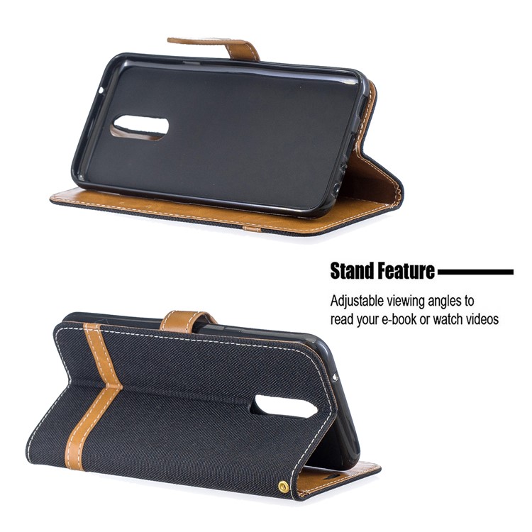 Jeans Cloth Wallet Stand Leather Shell for LG K40/K12+/K12 Plus - Black-5