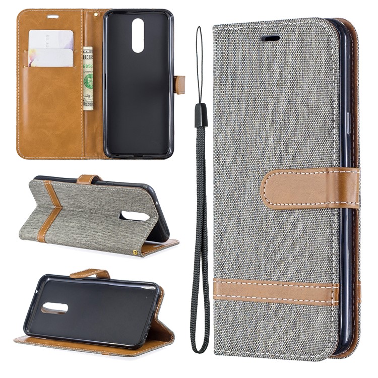 Jeans Cloth Wallet Stand Leather Shell for LG K40/K12+/K12 Plus - Grey-1