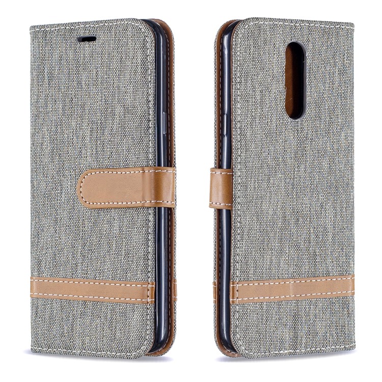 Jeans Cloth Wallet Stand Leather Shell for LG K40/K12+/K12 Plus - Grey-4