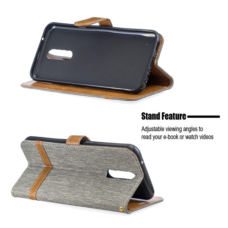 Jeans Cloth Wallet Stand Leather Shell for LG K40/K12+/K12 Plus - Grey-5