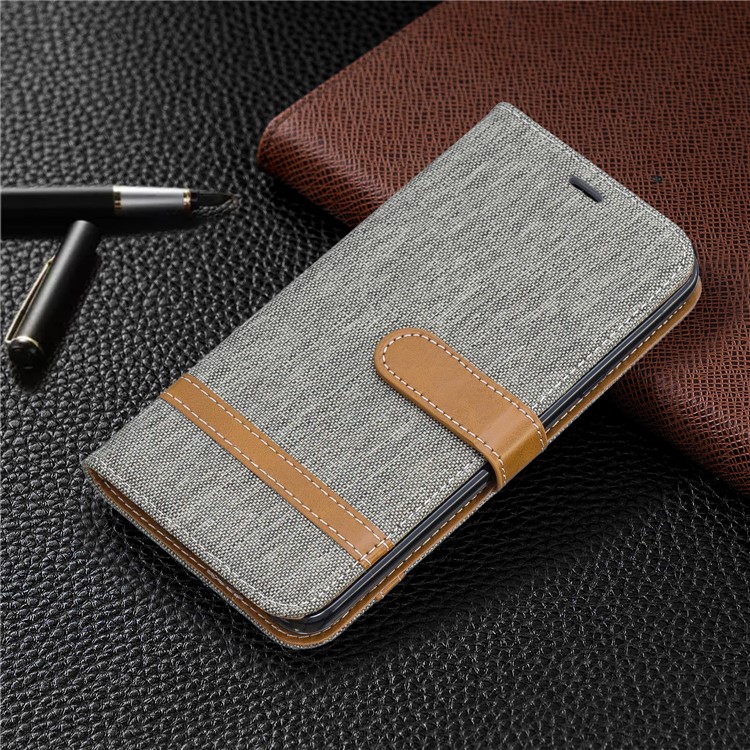 Jeans Cloth Wallet Stand Leather Shell for LG K40/K12+/K12 Plus - Grey-7