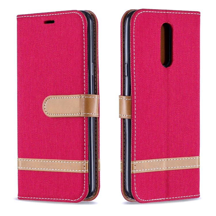 Jeans Cloth Wallet Stand Leather Shell for LG K40/K12+/K12 Plus - Red-4