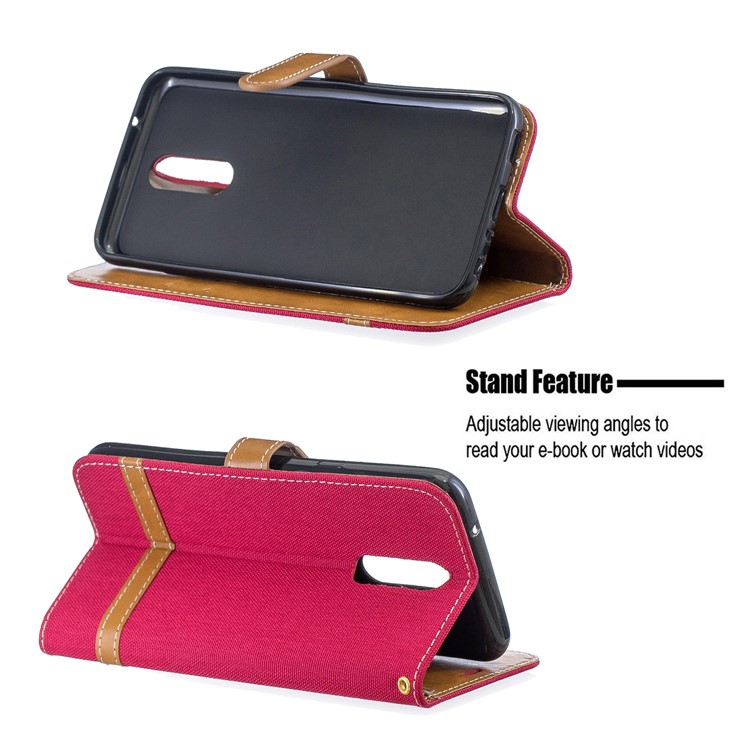 Jeans Cloth Wallet Stand Leather Shell for LG K40/K12+/K12 Plus - Red-5