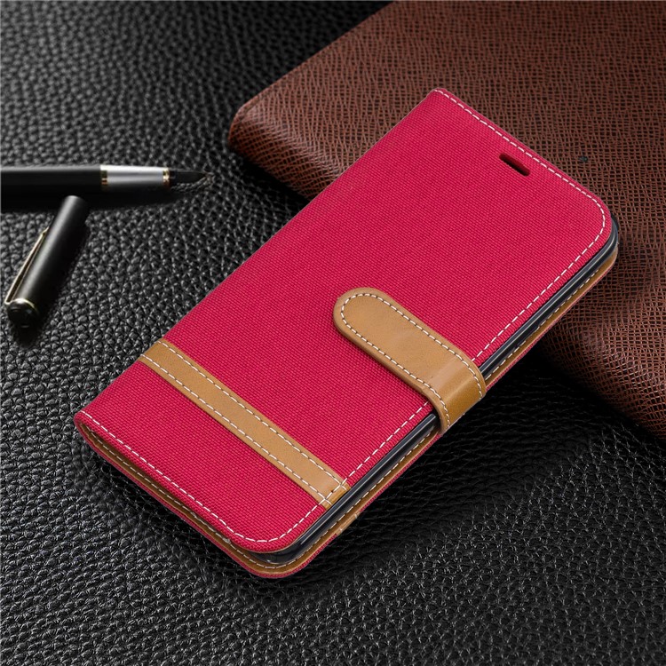 Jeans Cloth Wallet Stand Leather Shell for LG K40/K12+/K12 Plus - Red-7